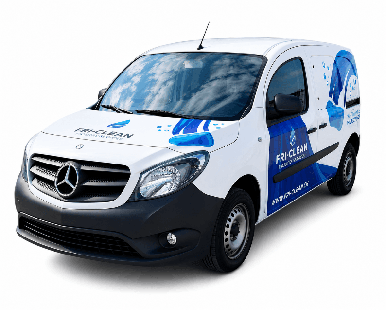 Fri-Clean Lieferwagen, gebrandet in den Farben des Unternehmens